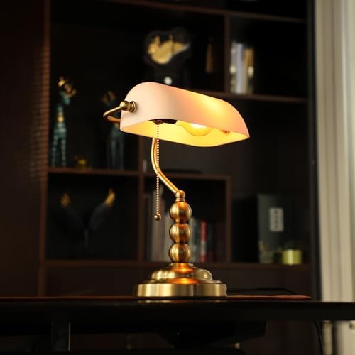 TORCHSTAR Ivory White Glass Bankers Desk Lamp with Pull Chain, E26 Base