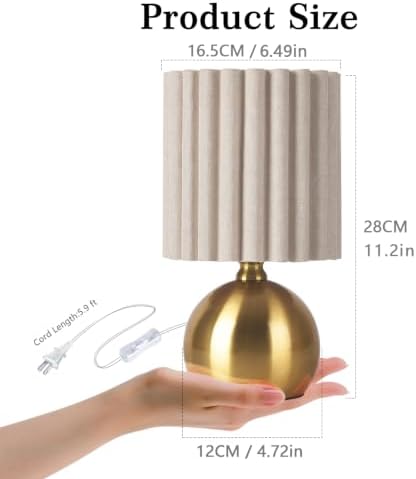 Ziqqeelam Gold Small Table Lamp with Scalloped Linen Shade, Mini Brass Gold Table Lamp for Bedroom Nightstand, Cute Desk Night Light for Living Room, Bookshelf, Kitchen Counter, Kids Room, Office