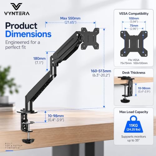 Single Monitor Arm Table Mount, Gas Spring Monitor Stand for 17–35" Monitors, 24.25 lbs Heavy Duty Monitor Mount, Full Motion ±80° Tilt & 360° Rotation, VESA 75x75 & 100x100, Clamp & Grommet