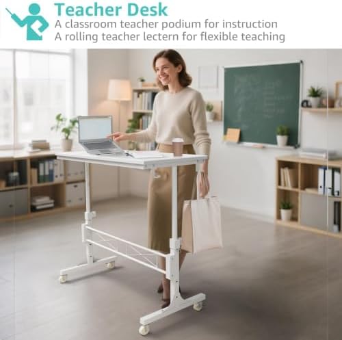 WINAZ Rolling Standing Desk with Wheels, 32" Adjustable Height Small Portable Teacher Desk for Classroom, Mobile Treadmill Walking Pad Table for Laptop, Compact White Home Office Workstation