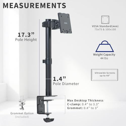 VIVO Clamp-on Single Ultra Wide Monitor Desk Mount, Low Profile Heavy Duty Adjustable Stand for 1 Ultrawide Screen up to 49 inches, 44 lbs Capacity, Black, STAND-V100C