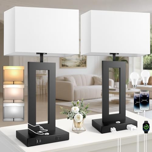 27.2’’ Tall Black Table Lamps for Living Room Bedroom, Bedside Touch Control Lamps with 2 USB Ports&AC Outlet, 3 Color Temp.&Stepless Dimming Desk Lamp Sets for Home Office, Pre-assembled White Shade