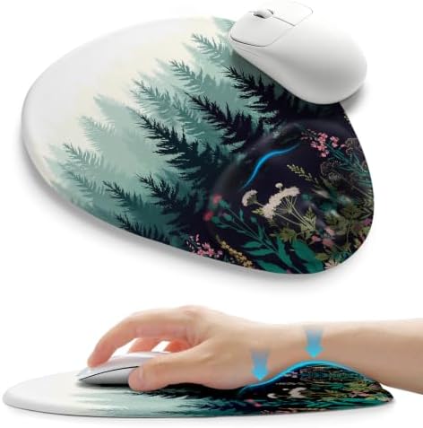 Palm-Rest and Wrist-Hugging Mouse Pad Wrist Rest, Ergonomic Wrist Support with Curve Fitting Cushioned Memory Foam for Carpal Tunnel Pain Relief, 9.9 x 8.3 Inch, Misty Forest