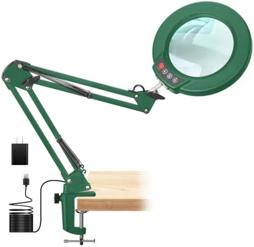 12X Magnifying Glass with Light and Clamp, Real Glass Lens Lighted Magnifier with Stand, 5 Color Modes LED Dimmable Magnifying Desk Lamp Hands Free for Crafts Painting Sewing Close Work - Green