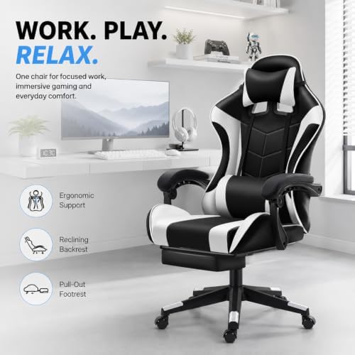 Gaming Chair with Massage Lumbar Support, 135° Reclining Computer Chair with Linked Armrests, Removable Headrest and Lumbar Pillow, Height Adjustable Swivel Racing Style Office Chair for Adult