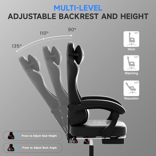 Gaming Chair with Footrest, Ergonomic Leather Computer Chair with Lumbar Support, Height Adjustable High Back Swivel Office Chair for Adults, Gamer Chair for Gaming, Working,Black