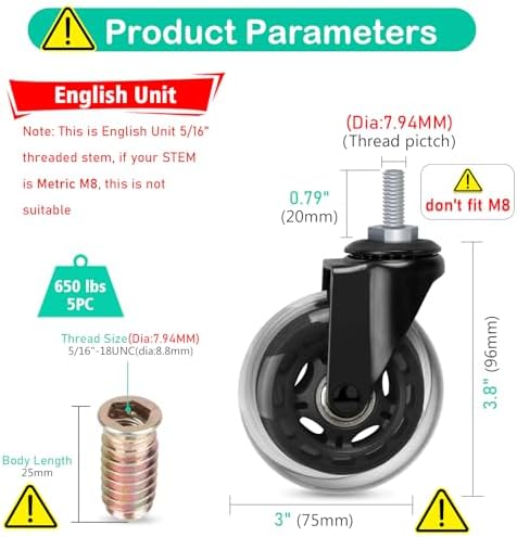 Hirate 3 inch Office Chair Casters Wheel with 5/16"-18UNC Threaded Stem