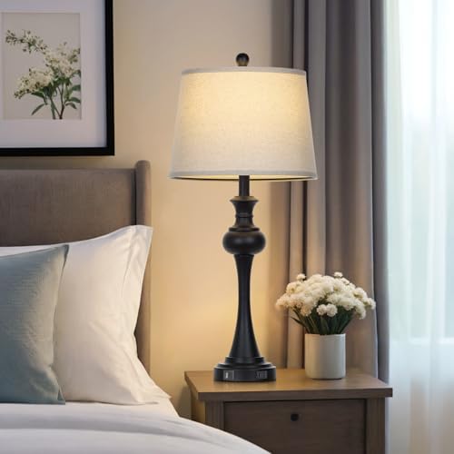 Cinyirong 28.75" Black Modern Table Lamps for Living Room, Bedside Lamp with USB A+C Ports & AC Outlets, 3 Way Dimmable Touch Lamps for Living Room,Nightstand Lamp LED Bulb Included (1Pack