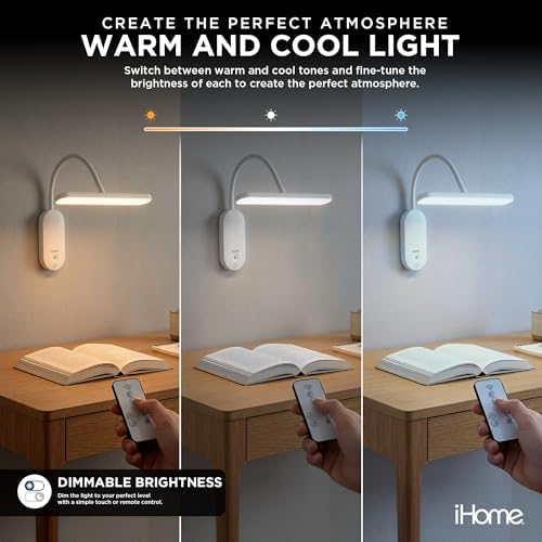 iHome Rechargeable Wall Light with Adjustable Gooseneck, Touch Controls, Dimmable, Warm & Cool Color Tones