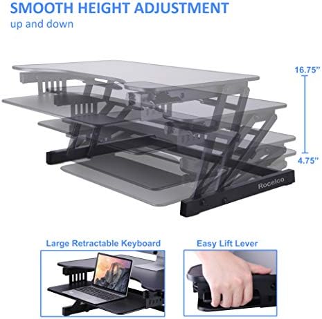 Rocelco 32" Height Adjustable Standing Desk Converter - Slide Out Retractable Keyboard Tray - Sit Stand Up Double Monitor Riser - Dual Piston Lift Assist Tabletop Computer Workstation - Black (R ADRB)
