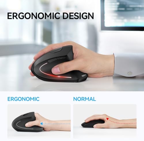 TECKNET Ergonomic Mouse, 4800 DPI Wireless Bluetooth Vertical, 3-Device