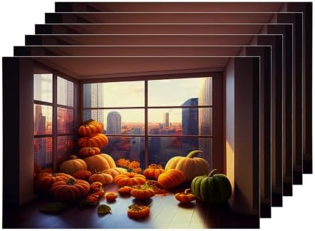 Shrahala Happy Thanksgiving Day Set of 6 12 X 18 Inch Linen Placemats, Pumpkins Floor-to-Ceiling Windows Harvest Burlap Table Mat Washable Double Layered Heat Insulation for Indoor