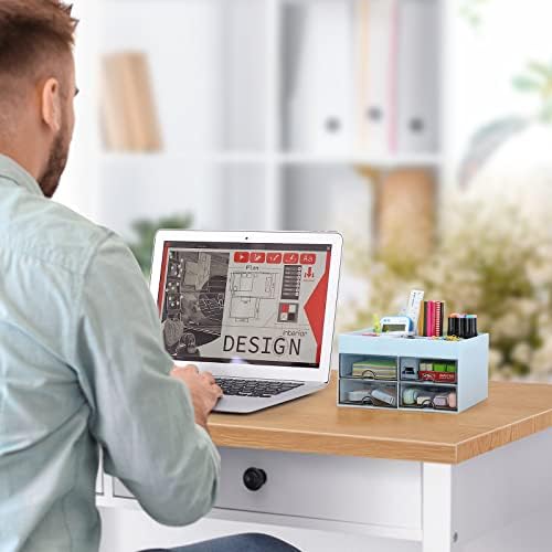 LETURE Office Desktop Organizer with Drawer, Stationary Organizer Desk Caddy, Pen/Pencil/Business Card/Sticky Note Tray/Paperclip Holder Storage Box (Blue)