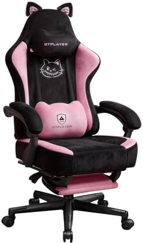 GTPOFFICE Cute Gaming Chair with Cat Ears,Ergonomic Computer Chair with Footrest Cat Paw Lumbar Support Comfortable Reclining Game Chair Desk Chair for Adult Teens, Soft Fabric, Pink Black
