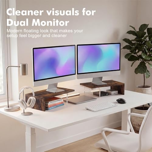 Dual Monitor Riser, Acrylic Monitor Riser with Keyboard Storage, Adjustable Angle & Length Computer Monitor Stand, Wide Desk Shelf for Top of Desk for Home Office_Wood Look