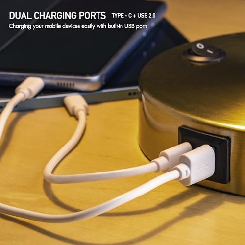 O'Bright Astrum - LED Desk Lamp with Dual USB Charging Ports, 100% Metal, 270 Degree Swivel Arms, Soft White Light (3000K), Bedside & Home Office Table Lamp, ETL Listed, Antique Brass Finish
