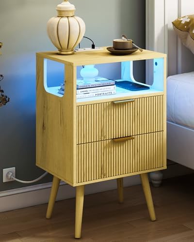 JOONEE Nightstand with Charging Station and LED Lights,Modern Bedside Table with 2 Storage Drawer and Open Wood Shelf, for Bedroom and Small Spaces,Night Stand with Solid Wood Legs (Yellow Oak)