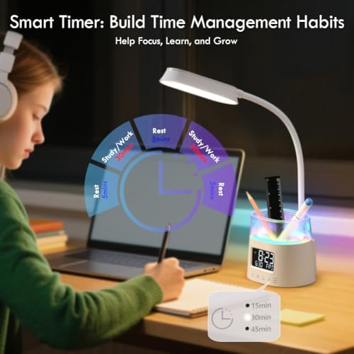 WILIT LED Desk Lamp for Home Office with Pen Holder, RGB Night Light, White