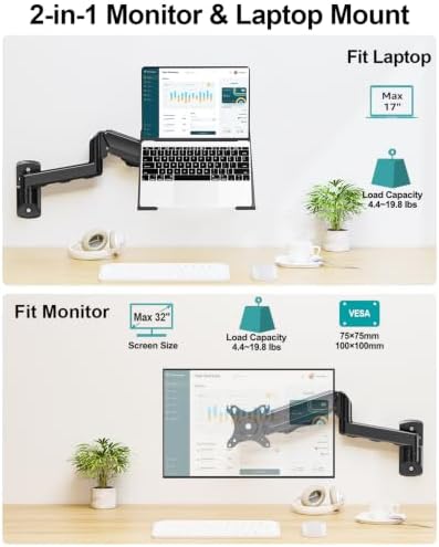 MOUNT PRO Laptop Wall Mount, 2-in-1 Monitor Wall Mount with Vented Tray for 11-17" Notebook/13-32 Computer Screen, Full Motion Adjustable Laptop Holder Stand, Laptop Arm Holds 4.4-19.8 lbs