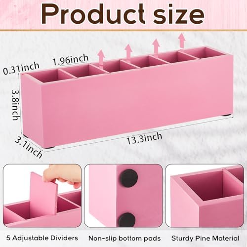 Jetec Wooden Pencil Pen Holder for Desk, Pink, 6 Compartments