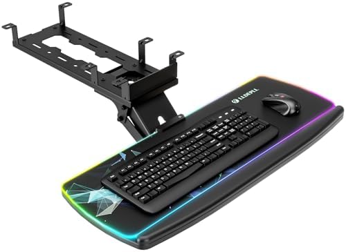 Keyboard Tray Under Desk with Storage Drawer, Height Adjustable Keyboard Tray Slide Out 360° Swivel Tilt, Ergonomic Under Desk Mount Keyboard & Mouse pad Lighting, Black