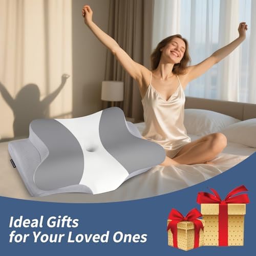 Cervical Pillow for Neck Pain Relief, Ergonomic Neck Pillow for Sleeping, Contour Side Sleeper Pillow for Neck Support, Orthopedic Cooling Memory Foam Pillows for Back Stomach Sleepers (Grey& White)