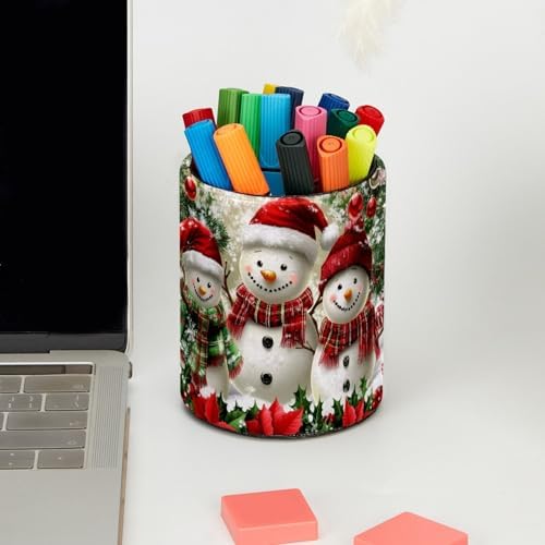 Pencil Holder for Desk, Christmas Snowman Tree Pen Cup Makeup Brush Holder, Leather Desktop Organizer Storage Case Stationery for School Home Office Supplies