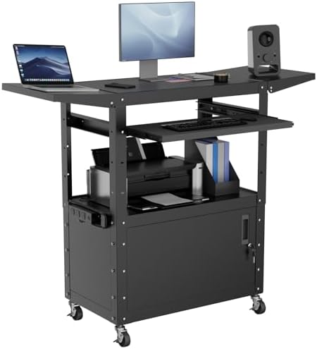 Mobile AV Cart with Drop Leaves & Adjustable Height, Rolling Computer Cart with Pullout Keyboard Tray – Locking Cabinet, 3 Outlets&2 USB Ports, Lock Brake Casters, Utility Cart for Office/Classroom