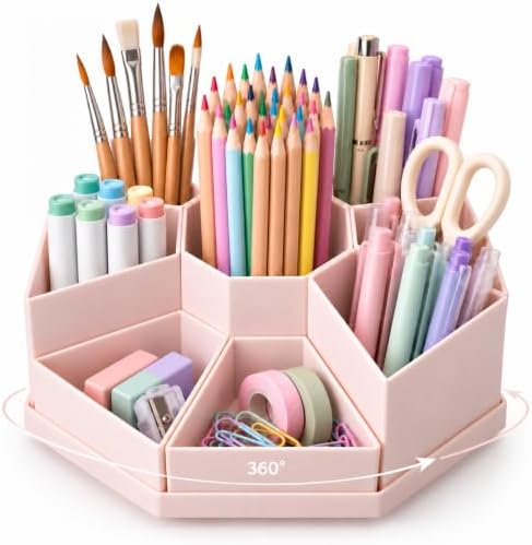 MODENZ 360° Rotating Pencil Holder, Sturdy Non-slip, 9-Grid Smart Compartments, Pen and Art Supply Holder for Office, Home, and Classroom, Makeup Brush Organizer (Pink)