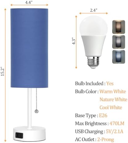 Dott Arts Table Lamp for Bedroom, 3-Color Bedside Lamps with Pull Chain