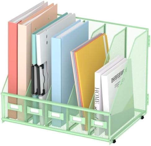 SUPEASY Desk Organizers Metal Desk Magazine File Holder with 5 Vertical Compartments Rack File Organizer for Office Desktop, Classroom, Home Workspace, Green