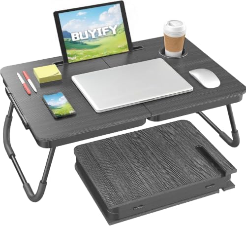 BUYIFY 23.4" Foldable Lap Desk Bed Table with Cup Holder Tray Charcoal