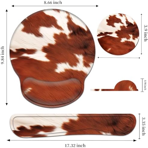 Keyboard Wrist Rest and Mouse Pad Wrist Support Set with Coaster,Comfortable for Easy Typing,Pain Relief,Memory Foam Keyboard Pad Set for Laptop Mac,Cowhide Farm Animal Skin Leopard Brown Cow