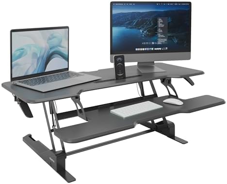 Mount-It! 47" Standing Desk Converter, XL Desktop Sit-Stand Desk Riser with Gas Spring Height Adjustment, Wide Desk Topper for Dual Monitors or Monitor & Laptop, Keyboard Tray, Black