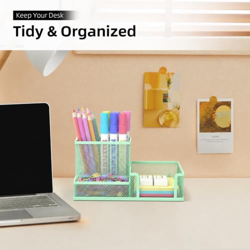 SUPEASY Pen Holder Desk Organizer, Office Supplies Pencil Holder with 3 Compartments, Desk Accessories and Workspace Organizers for Home School Classroom, Green