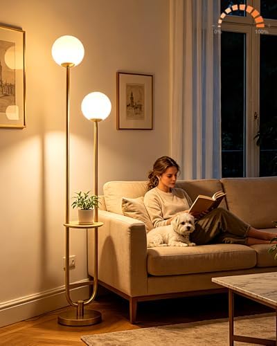 Lightdot 2 Globe Gold Floor Lamp with Table Mid Century Standing Lamps with 3000K LED Bulbs Unique U-Pole Vintage Tall Floor Lamp with 5Lbs Heavy Base for Living Room/Bedroom/Wedding/Party/Home Decor