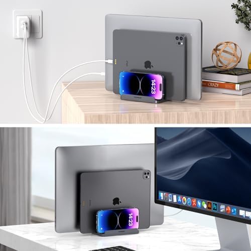YICOSUN 3-Slot Aluminum Vertical Laptop Stand for Desk - Adjustable Width Dock for MacBook, Surface, Samsung, HP, Dell up to 17.3 inches - Space-Saving & Protective Design - Gray