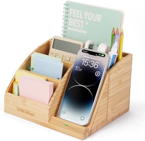 Bamboo Pen Holder for Desk & Nightstand Organizer with Fast Wireless Charging for iPhone, Samsung & More – Office Desk Accessories for Men/Women (Natural)
