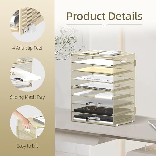 9-Tier Paper Organizer for Desk, Letter Tray with Handles, Golden Yellow