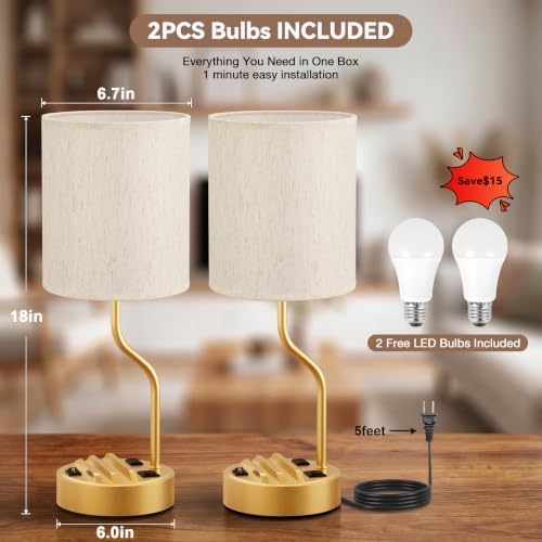 Fenmzee Bedside Lamps for Bedroom Set - 18" Gold Table Lamp for Nightstand