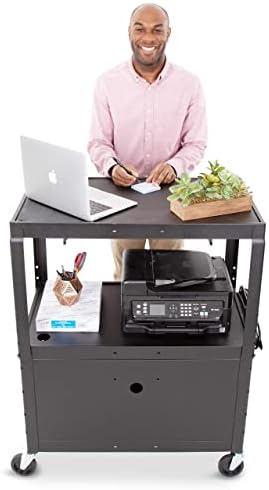 Line Leader Large AV Cart with Locking Cabinet | Height Adjustable Utility Cart with Pullout Keyboard Tray & Cord Management | UL Safety-Certified Computer Cart | Easy Assembly (32 x 18 x 42in)