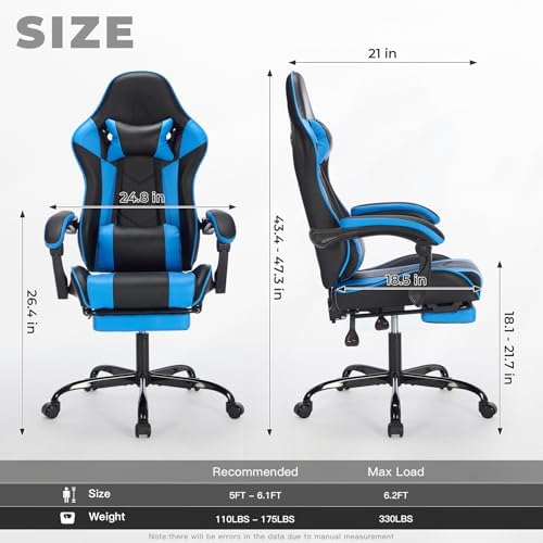 Blue Ergonomic Gaming Chair for Adults with Footrest and Massage