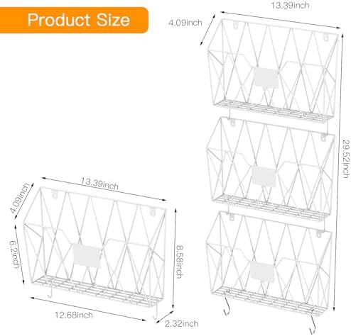 YBING Wall File Organizer 6 Pack Mesh Wire Hanging File Holder, White