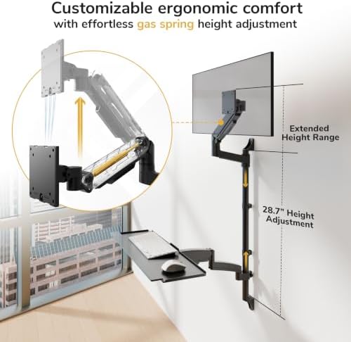 Mount-It! Heavy-Duty Wall Workstation, Ultrawide Monitor Arm, Keyboard Tray