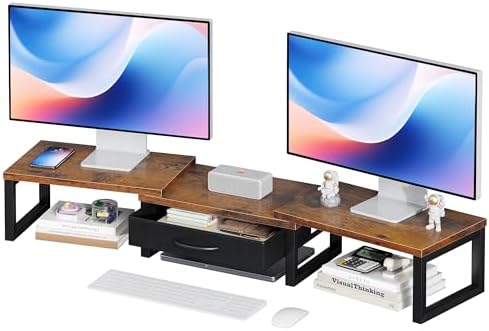 Desk Organizers and Accessories, Dual Monitor Stand Riser with Drawer, Computer Monitor Stand, Adjustable Desk Shelf for PC Laptop Printer TV, Brown