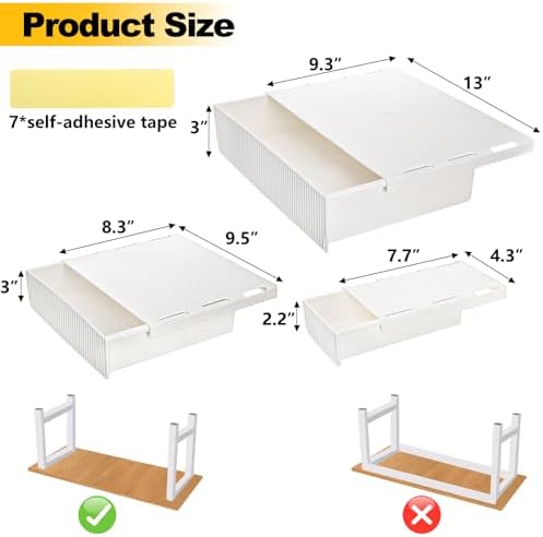 YOUEON 3 Pack Under Desk Drawer Slide Out, Self-Adhesive Under Table Drawer, Hidden Attachable Under Desk Storage Drawers, Stick on Drawers for Office, Home, School, White