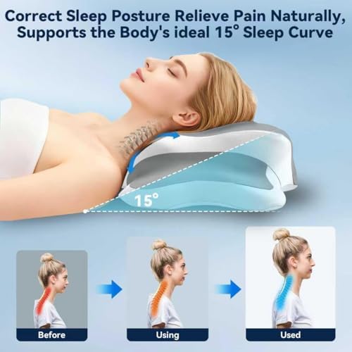 Ergo Pillow for Sleep Apnea, Neck Pain & Snoring Relief, Cervical Neck Pillow for Side Sleeper,Orthopedic Memory Foam w/Ergonomic Neck Support, Medium Soft (Whitegrey, Queen Size)