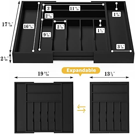 Utensil Organizer Silverware Drawer Organizer - Bamboo Expandable Cutlery Tray with Dividers for Utensil Holder Office Storage Makeup Desk Drawer Tool Organization W13.5"-19.5" x L17.5" x H2.5"(Black)