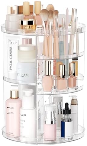 Rotating Makeup Organizer, DIY 8 Adjustable Layers Spinning Skincare Storage, Cosmetic Display Case with Brush Holder and Perfume Tray, Multi-Function Vanity Bathroom Countertop Organizer Clear