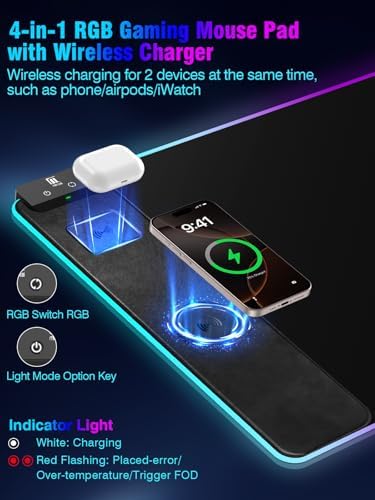 Mouse Pad with Magnetic Wireless Charging, Large Desk Pad Protector, RGB Black Desk Mat with 15W Fast Charger, Non-Slip Waterproof Mousepad for Office Home Gaming
